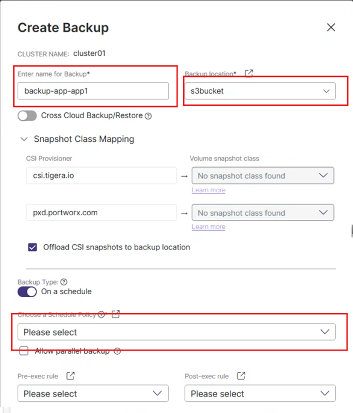 Zrzut ekranu formularza tworzenia kopii zapasowej. backup-app-app1 jest wprowadzany jako nazwa kopii zapasowej, s3bucket jest wybierany jako lokalizacja kopii zapasowej, a Please select jest wyświetlany w menu rozwijanym reguł przed i po wykonaniu.