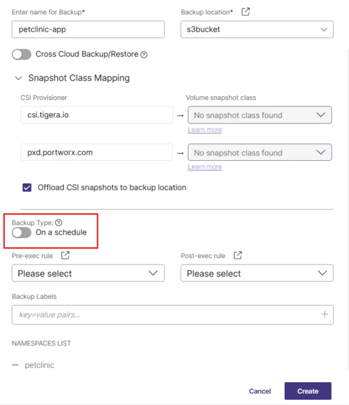 Formularz konfiguracji kopii zapasowej w chmurze z polami na nazwę kopii zapasowej, lokalizację, mapowanie klas, CSI provisioner, reguły pre-exec, etykiety kopii zapasowych i przełącznik harmonogramu. Przyciski "Utwórz" i "Anuluj" znajdują się na dole.