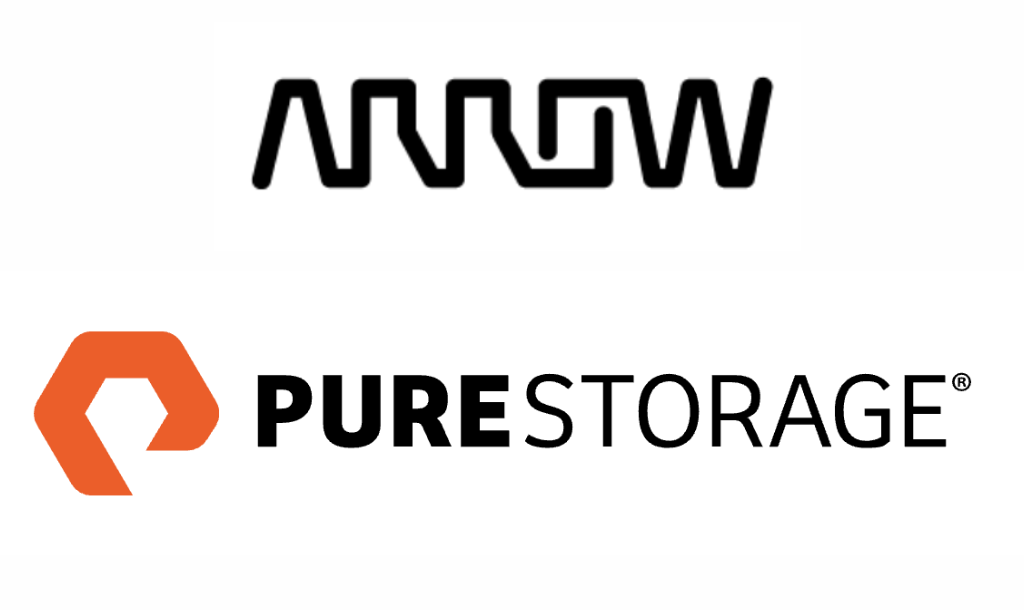 Czarne logo Arrow Electronics nad pomarańczowo-czarnym logo Pure Storage Potworx na białym tle.