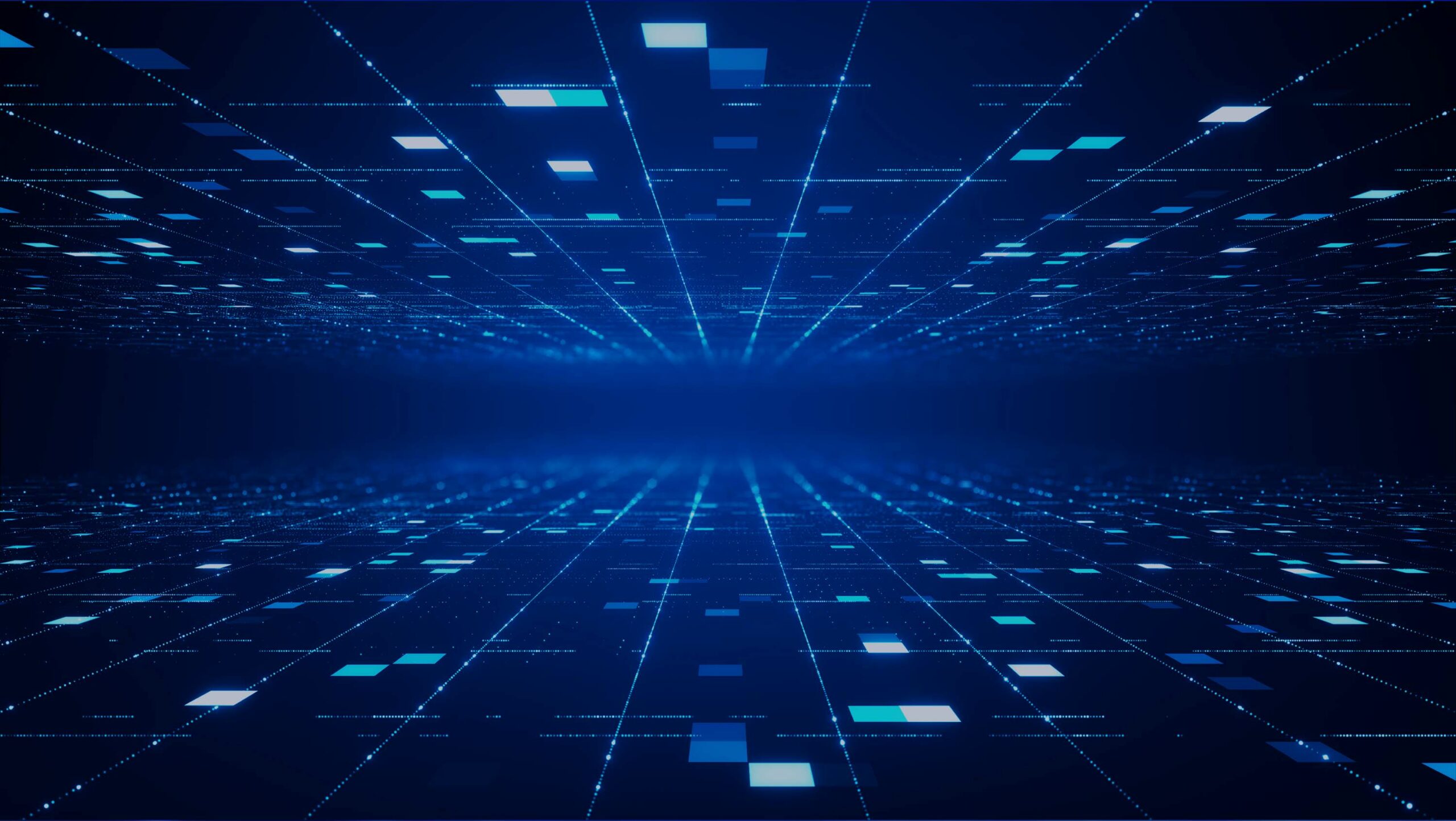 A digital, futuristic grid with glowing blue and white squares and lines stretching into the distance, creating a sense of depth and perspective on a dark blue background.