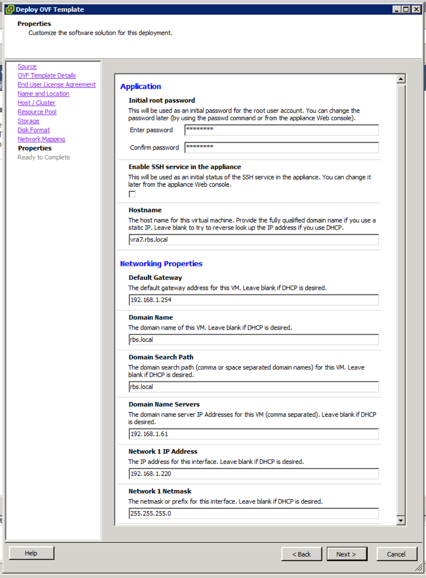 Deploy OVF Template Properties